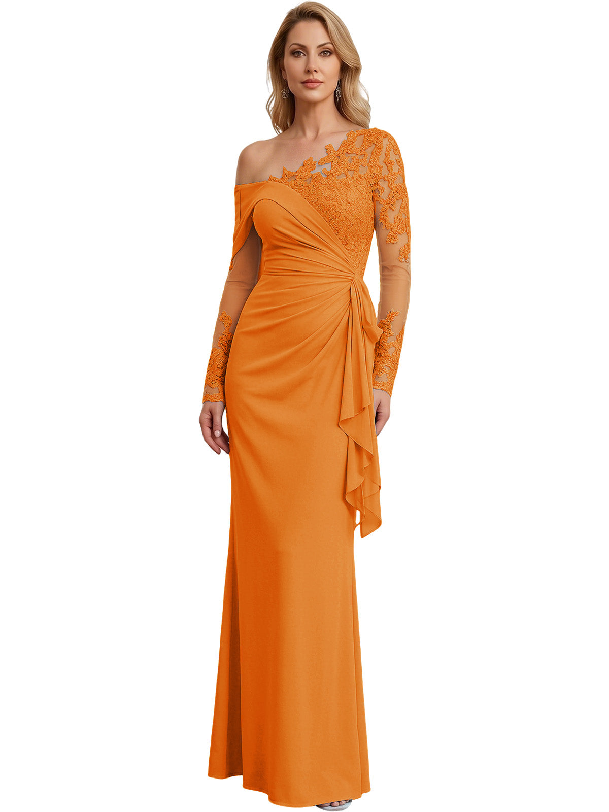 One Shoulder Mother of the Bride Gown Long Lace Sleeve Mermaid Dress with Draped Ruffle
