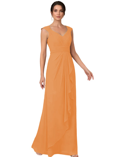 Mother of the Bride Dress Long Sleeveless V-Neck Chiffon Formal Gown with Ruffle Detail