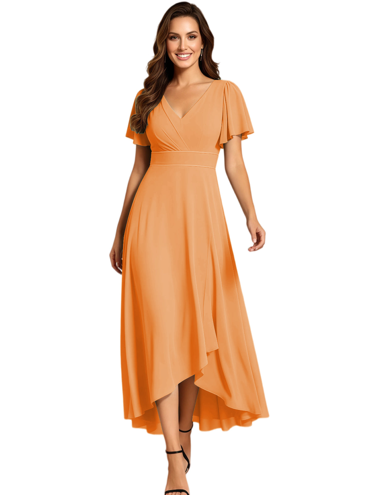 High Low Mother of the Bride Dress V-Neck Flutter Sleeve Chiffon Formal Gown