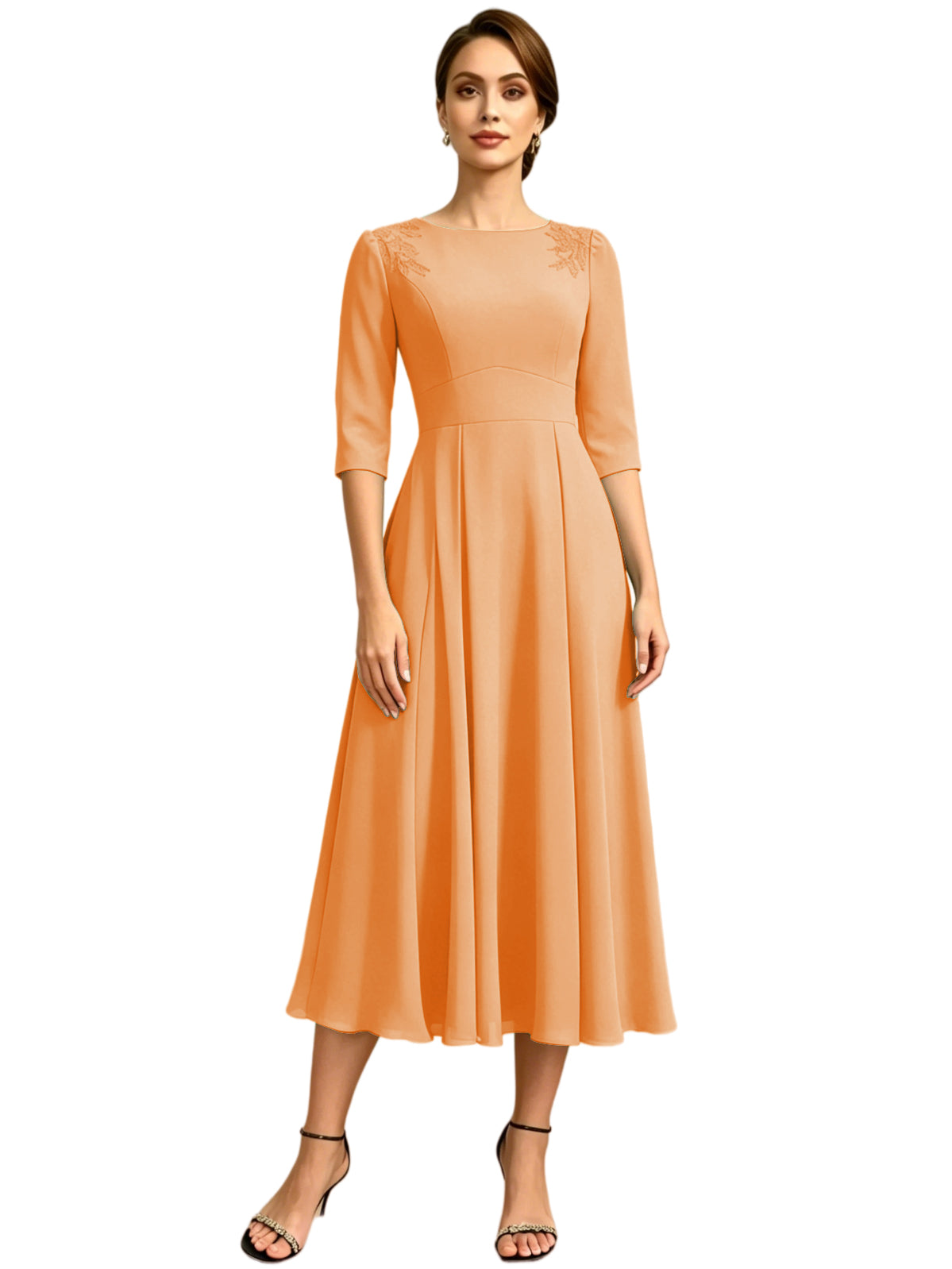 Tea Length Mother of the Bride Dress Jewel Neck Chiffon A-Line Formal Gown with Embroidery