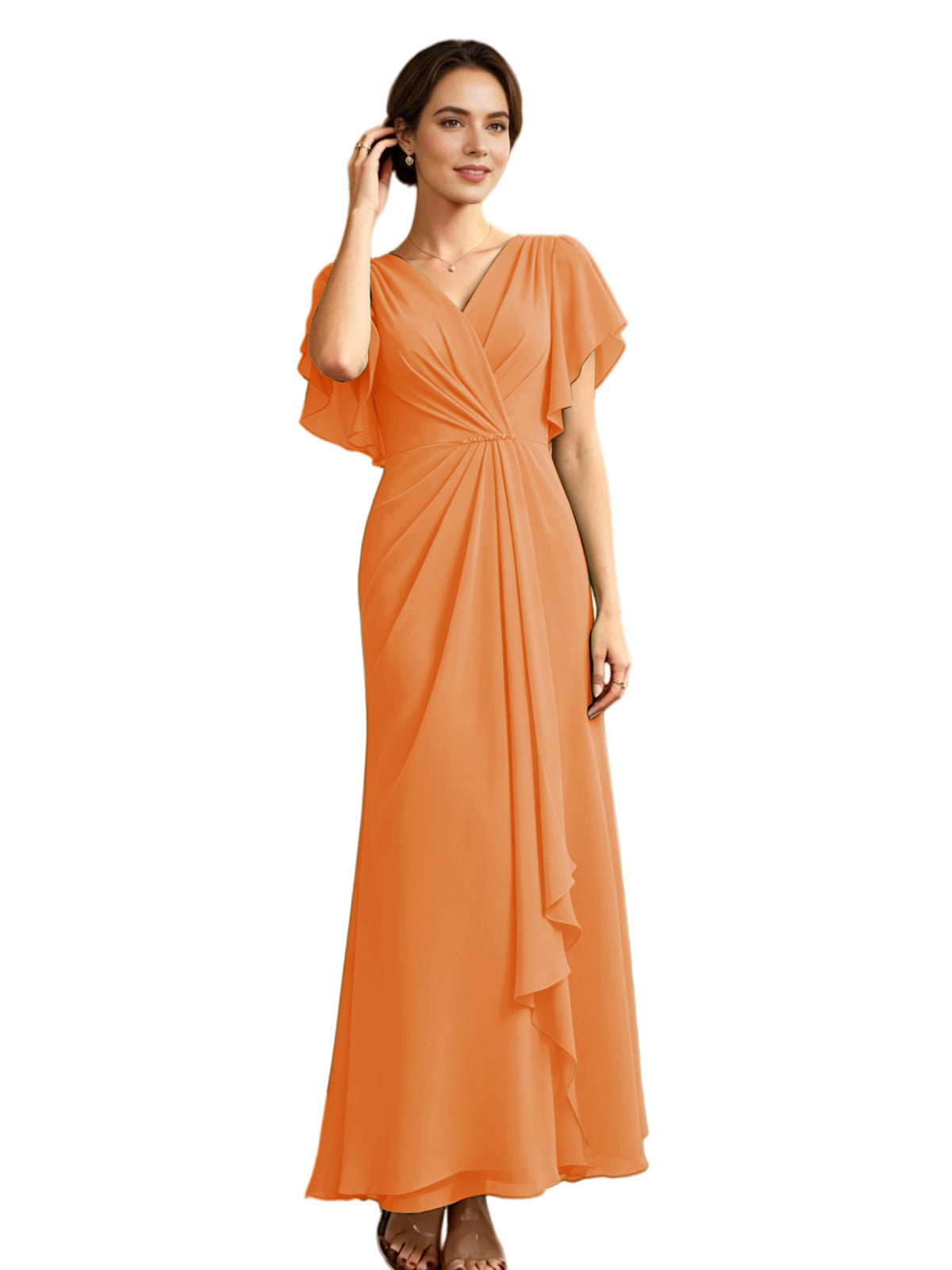 Long Chiffon Mother of the Bride Dress V-Neck Flutter Sleeve A-Line Gown with Beaded Waist
