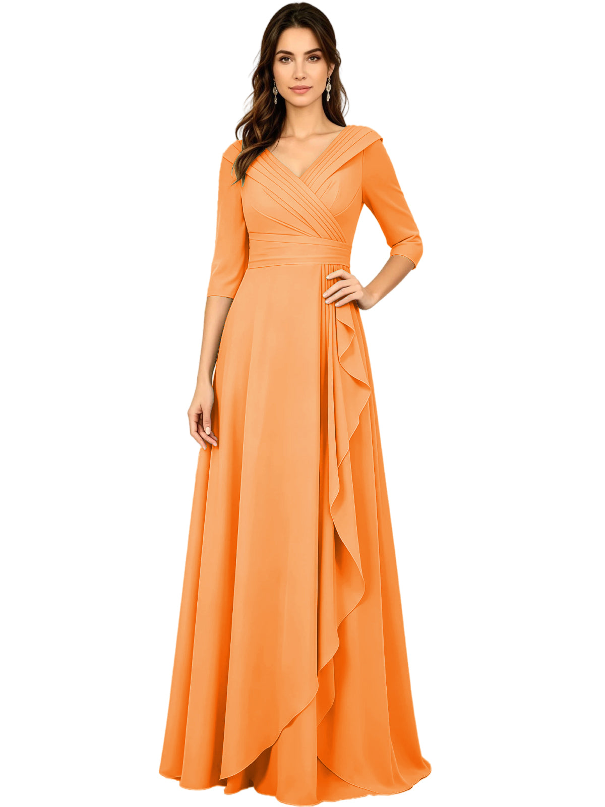 Long V-Neck Mother of the Bride Dress Chiffon Half Sleeve A-Line Gown with Side Ruffle