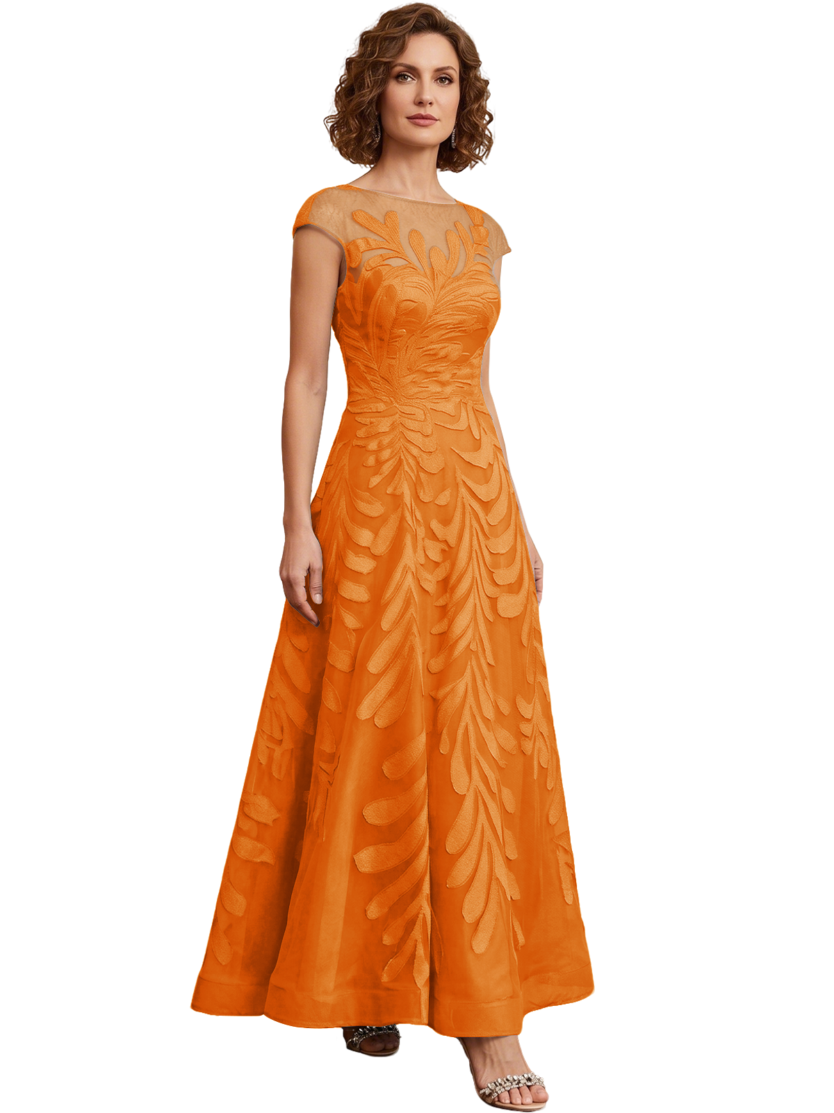 Embroidered Tulle Mother of the Bride Dress Long A-Line Gown with Illusion Cap Sleeves
