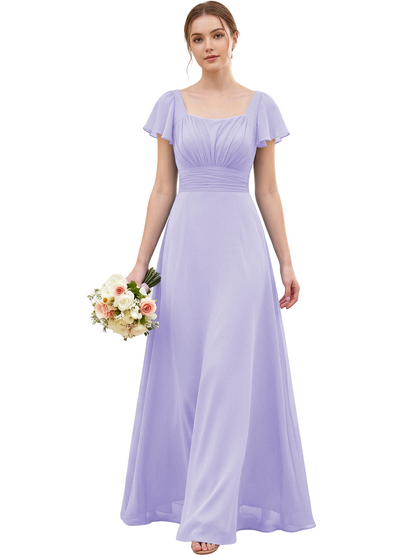 Square Neck Chiffon Bridesmaid Dress with Flutter Sleeves and Lace-Up Back