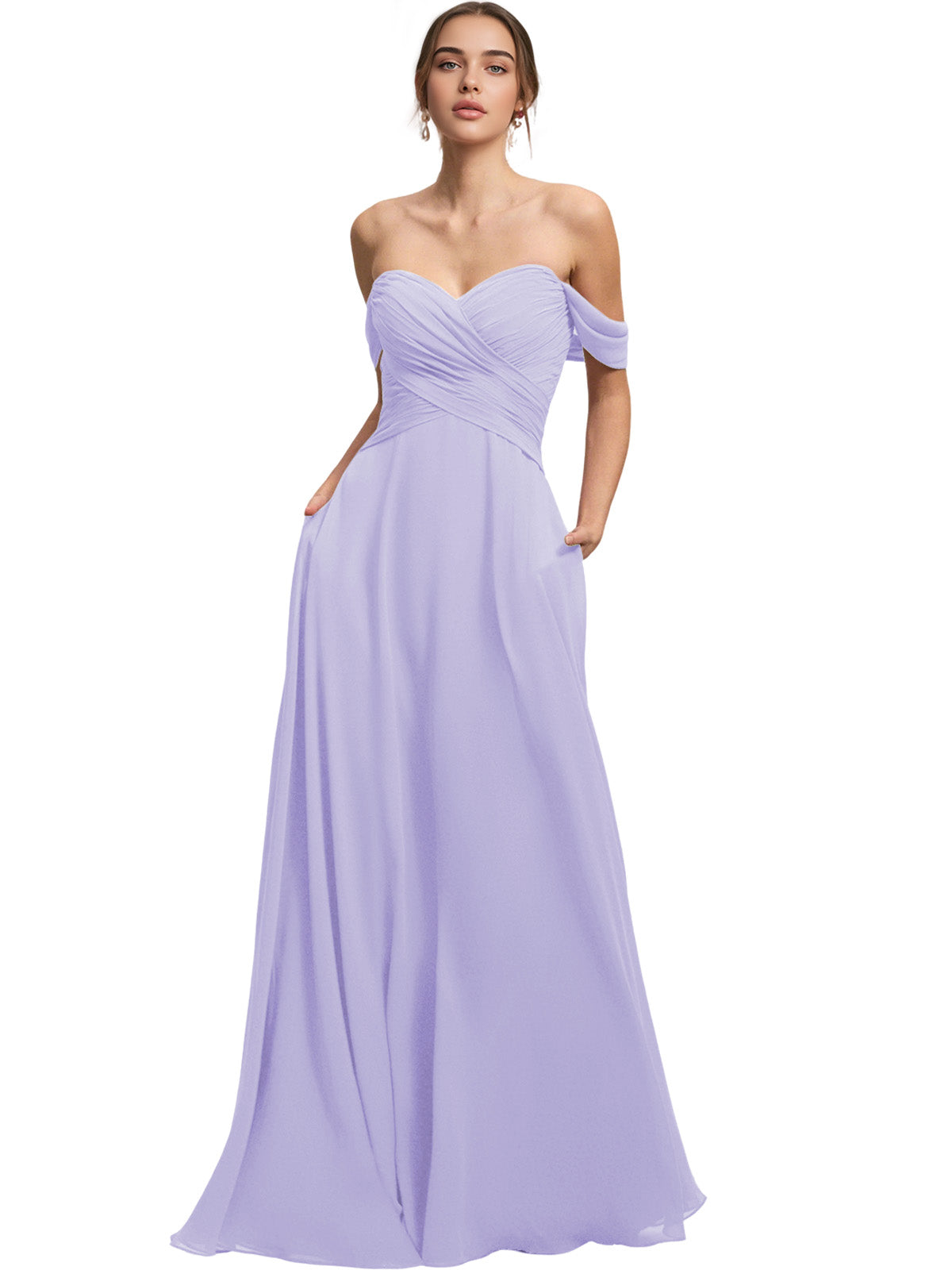 Off Shoulder Chiffon Bridesmaid Dress with Draped Bodice and A-Line Dress
