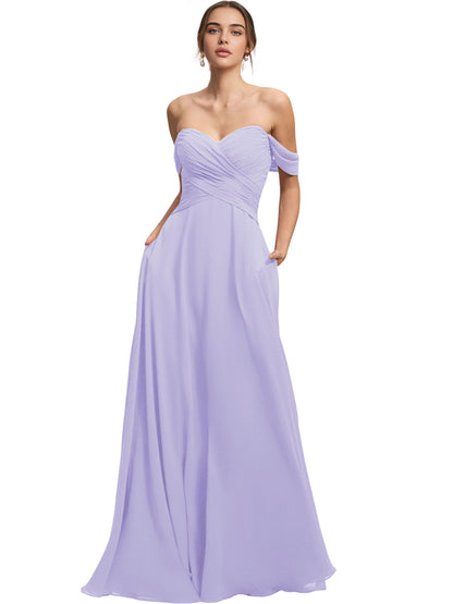 Off Shoulder Chiffon Bridesmaid Dress with Draped Bodice and A-Line Dress