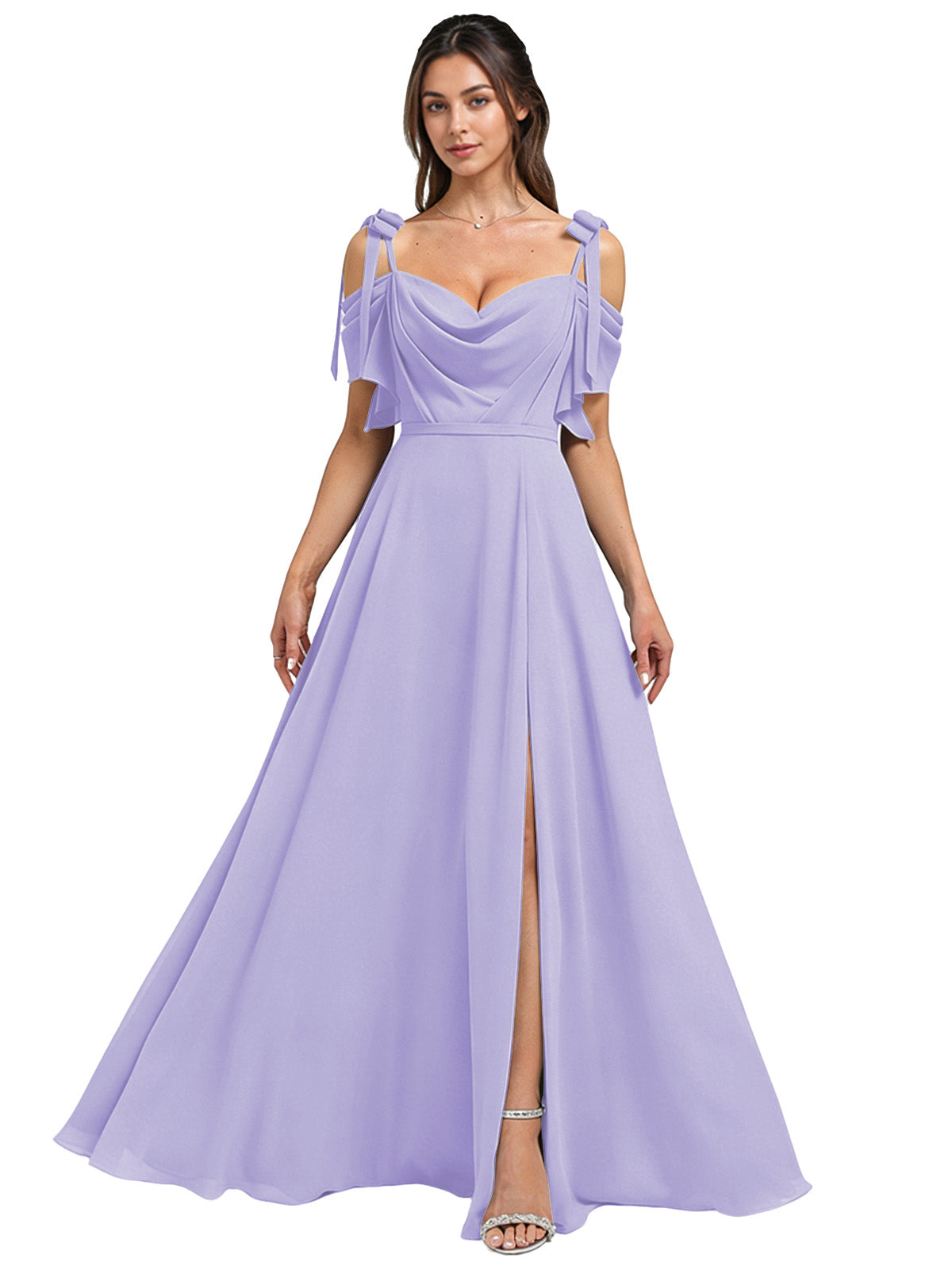 Cowl Neck Cold Shoulder Bridesmaid Dress with High Slit Chiffon Dress