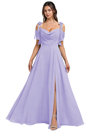 Cowl Neck Cold Shoulder Bridesmaid Dress with High Slit Chiffon Dress