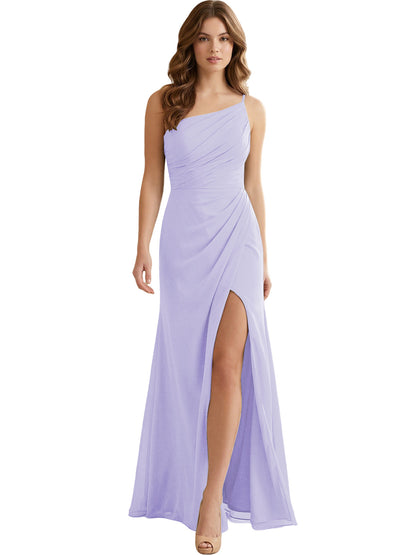 One Shoulder Ruched Chiffon Bridesmaid Dress with Front Slit