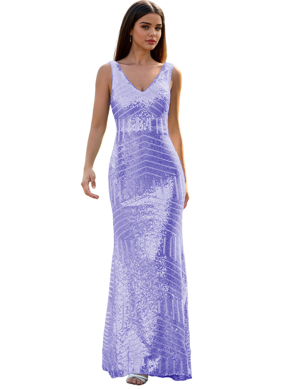 V-Neck Sequin Column Prom Dress with Beaded Waist and Low Back