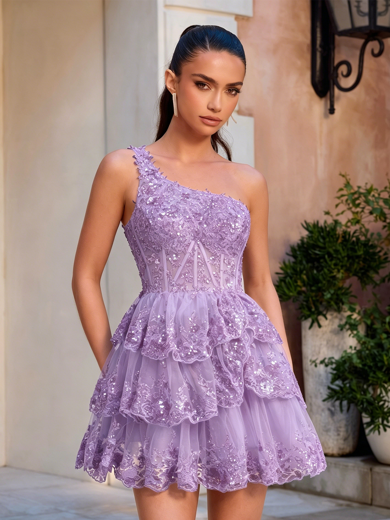 One Shoulder Sequin Lace Corset Tiered Homecoming Dress