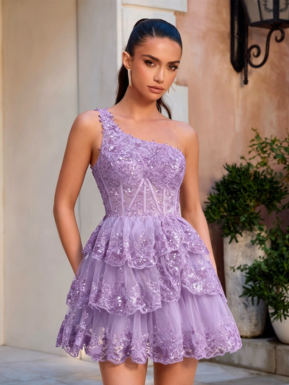 One Shoulder Sequin Lace Corset Tiered Homecoming Dress