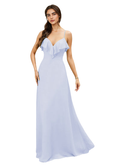 Ruffle V-Neck Chiffon Bridesmaid Dress with Spaghetti Straps