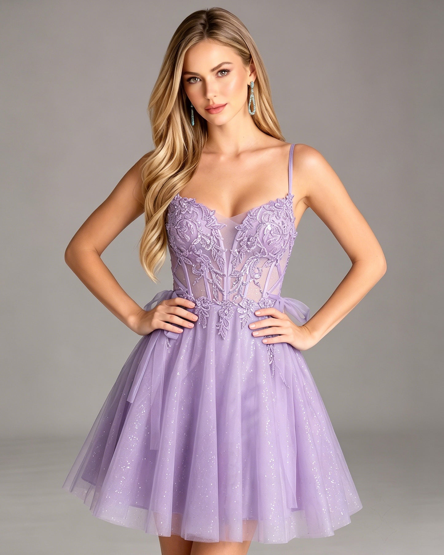Sheer Corset Lace Applique Glitter Tulle Homecoming Dress