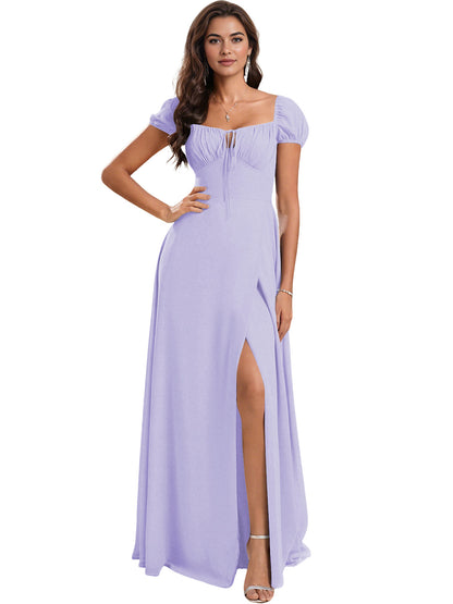 Ruched Short Sleeve Chiffon Bridesmaid Dress with Side Slit