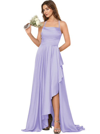 Open Back Halter Bridesmaid Dress with High Low Overlay dress