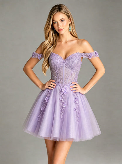 Off Shoulder 3D Floral Corset Glitter Tulle Homecoming Dress