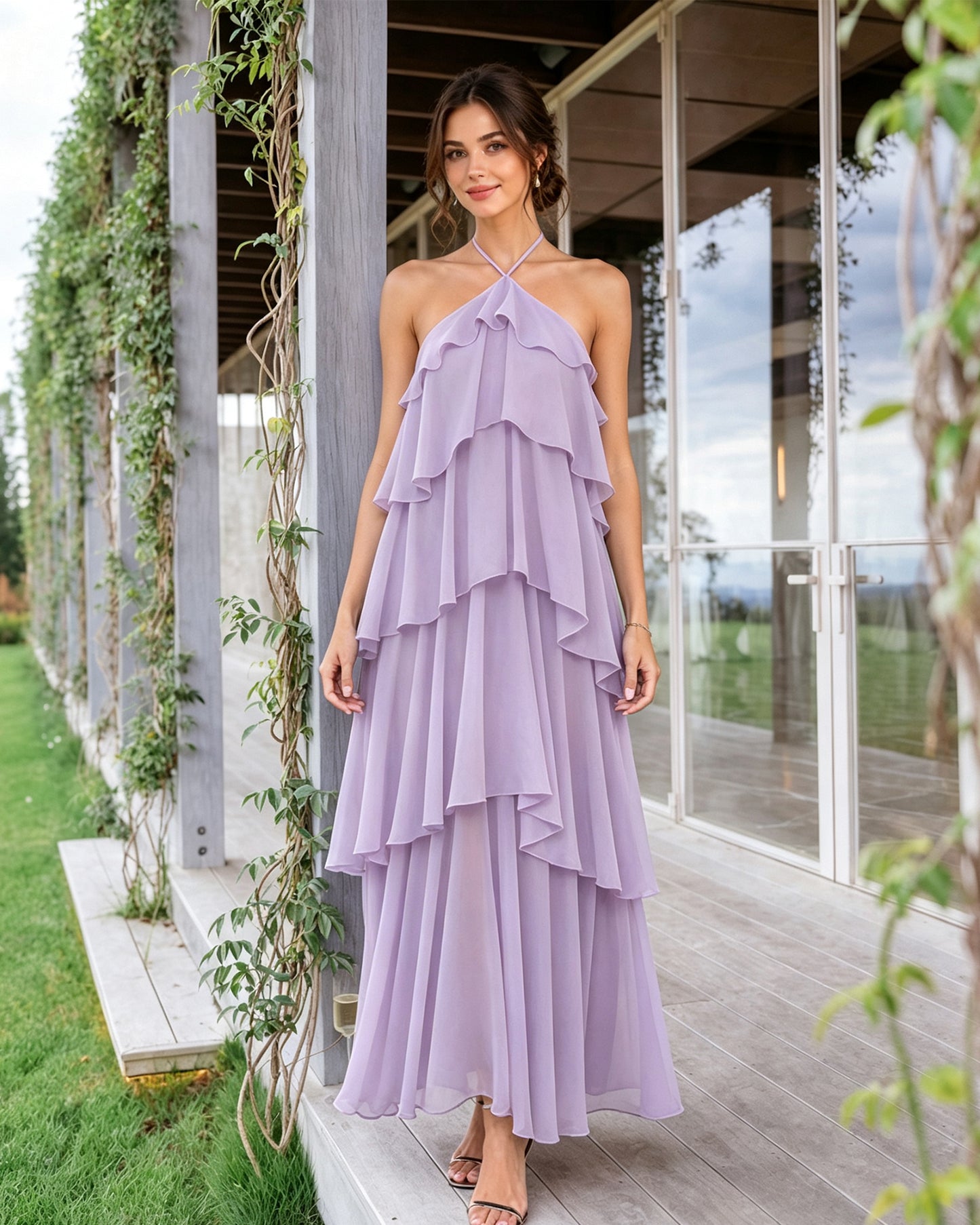Halter Neck Tiered Chiffon Bridesmaid Dress with Ruffle Overlay