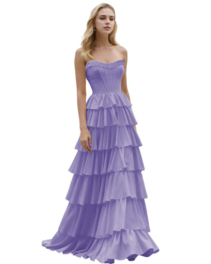 Strapless Tiered Ruffle A-Line Prom Dress with Corset Bodice