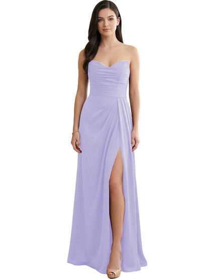 Strapless Pleated Satin Bridesmaid Dress with Side Slit