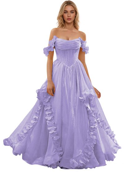 Off Shoulder Ruffle Tulle Ball Gown Prom Dress with Floral Applique