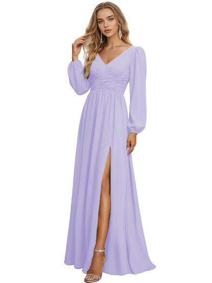Long Sleeve V-Neck Chiffon Bridesmaid Dress with Front Slit