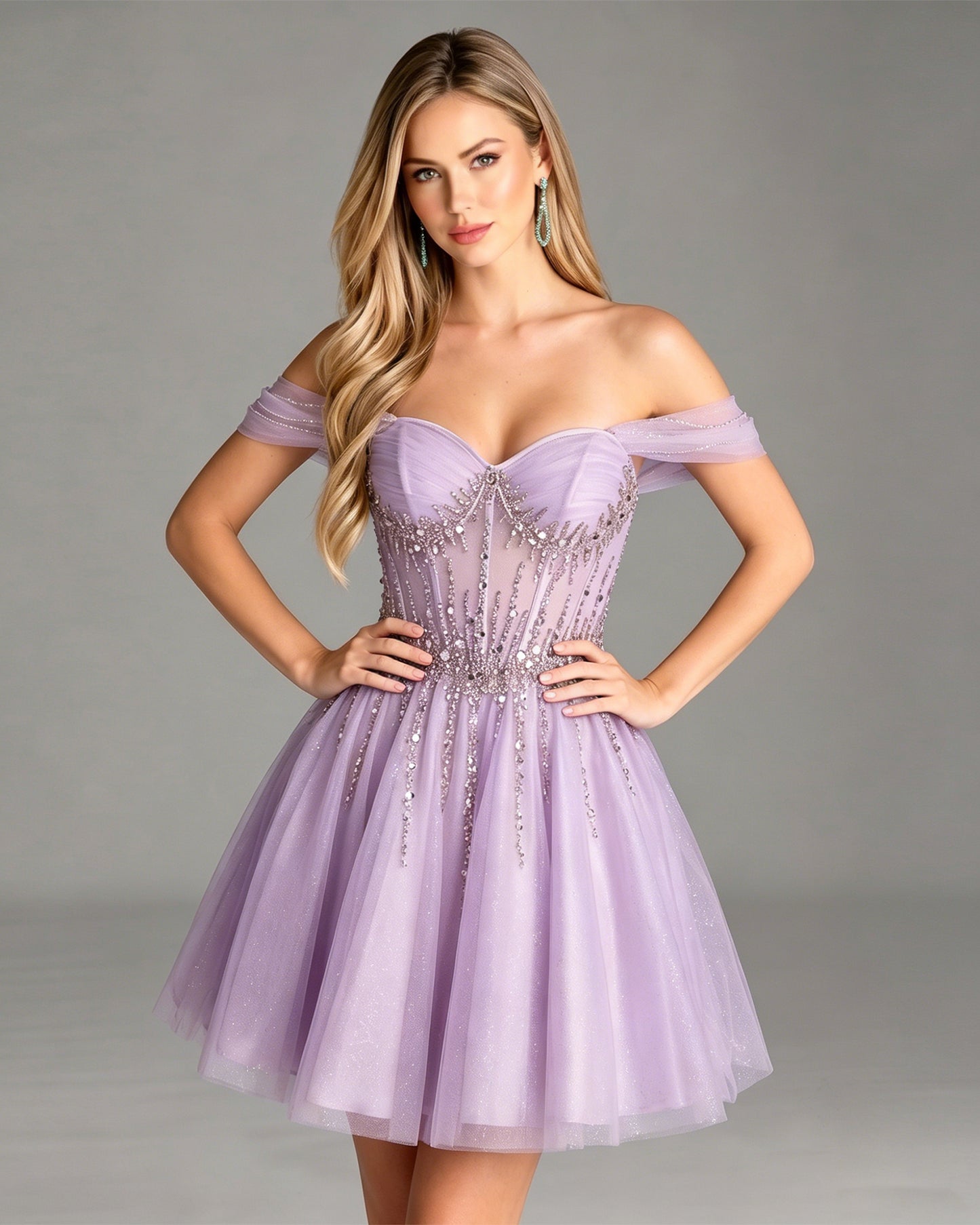 Off Shoulder Beaded Corset Tulle A-Line Homecoming Dress