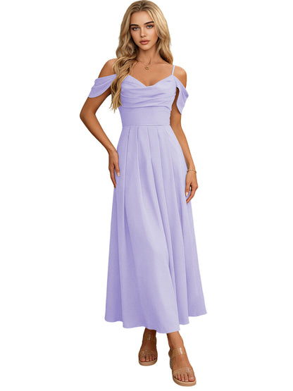 Off Shoulder Midi Bridesmaid Dress with Pleated Bodice and Flowing dress