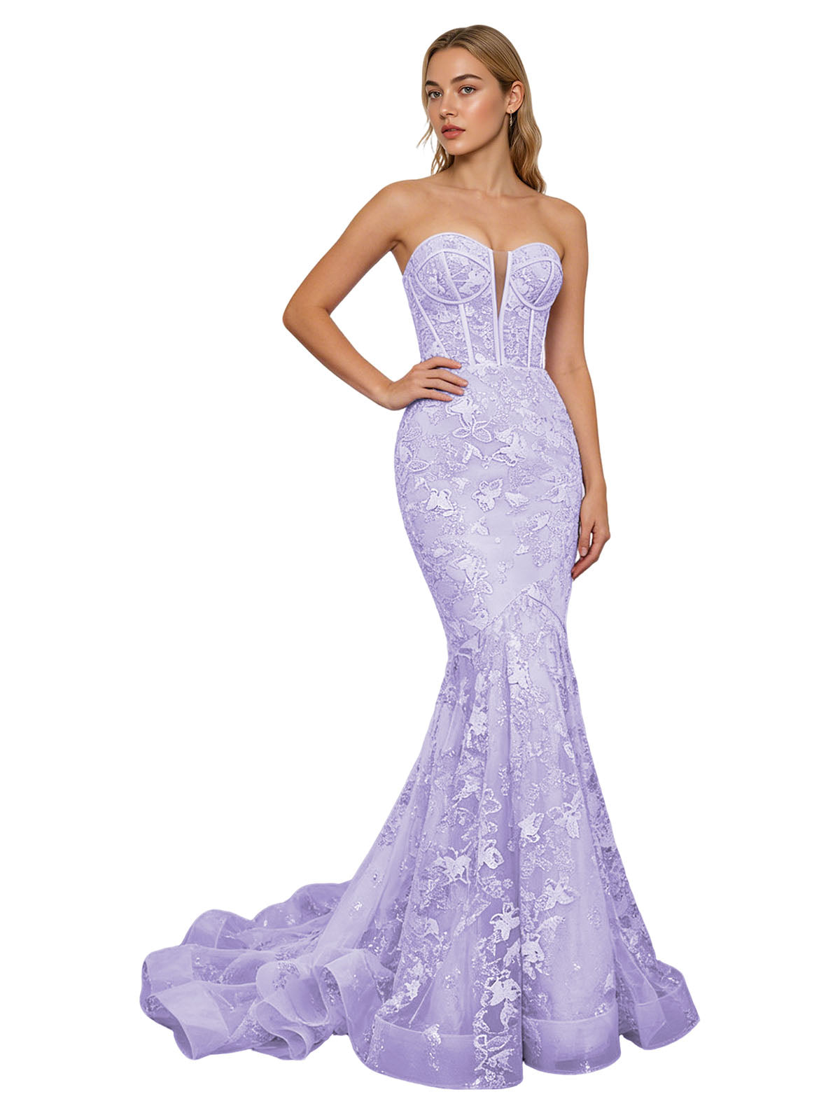 Strapless Lavender Lace Mermaid Prom Dress with Sheer Corset and Train