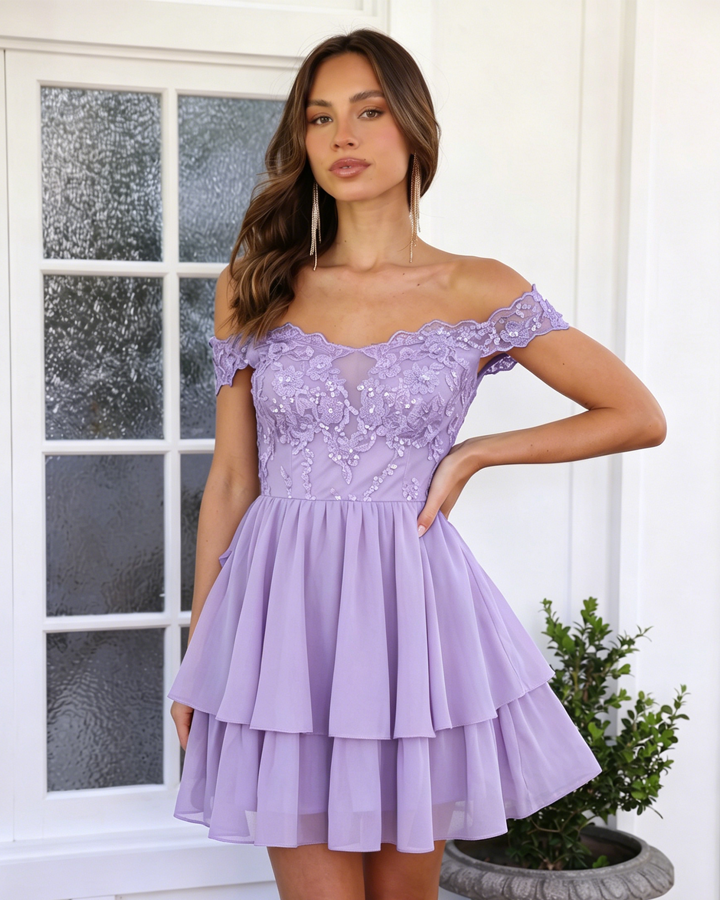 Off Shoulder Lace A-Line Homecoming Dress with Tiered Skirt