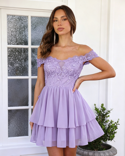 Off Shoulder Lace A-Line Homecoming Dress with Tiered Skirt