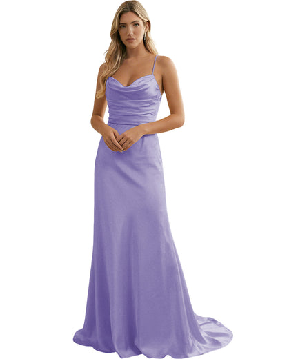 Spaghetti Straps Ruched Satin Floor Length Bridesmaid Dress