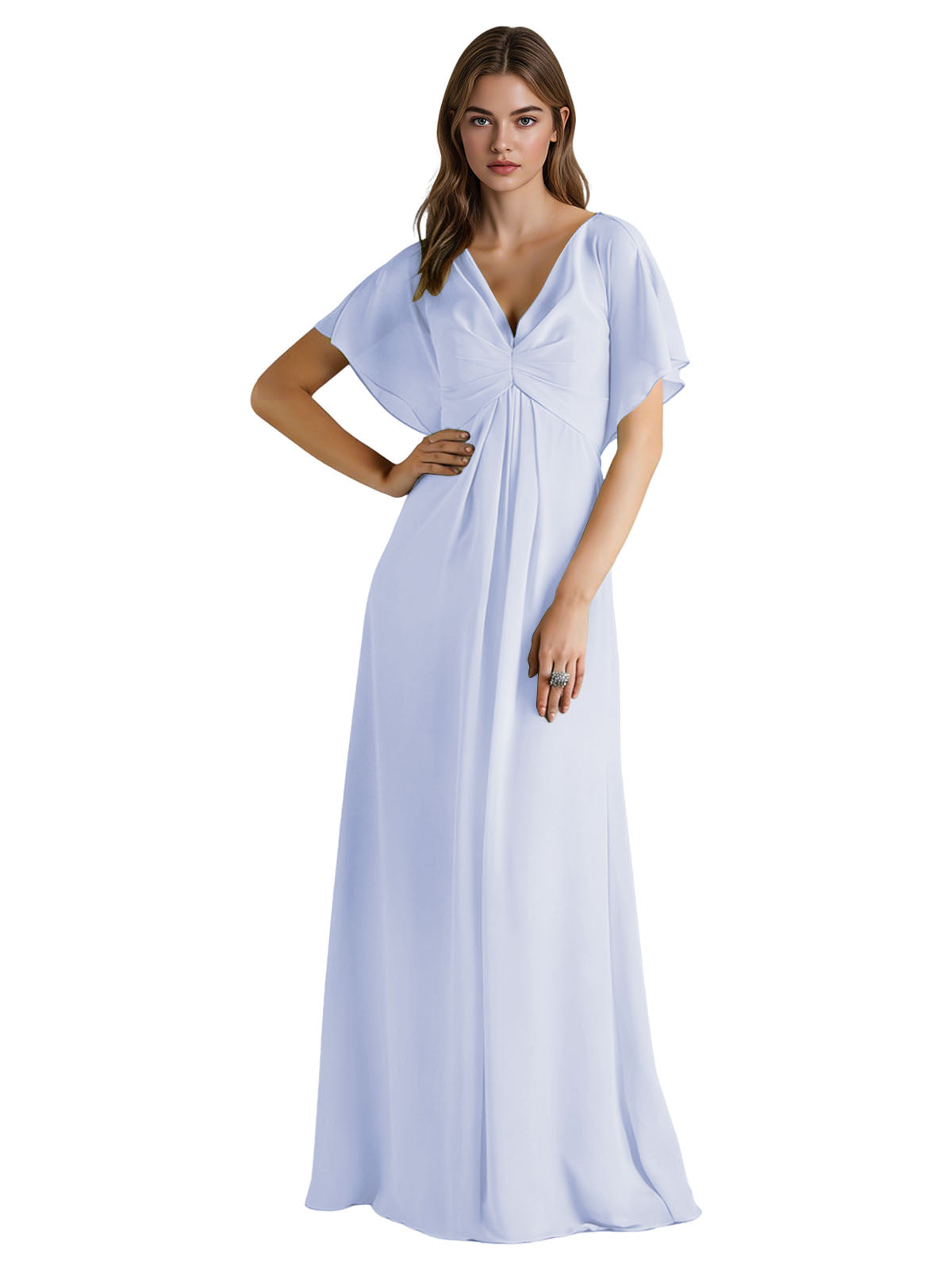 Short Sleeve V-Neck Chiffon Bridesmaid Dress with Gathered Waist