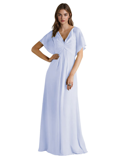 Short Sleeve V-Neck Chiffon Bridesmaid Dress with Gathered Waist
