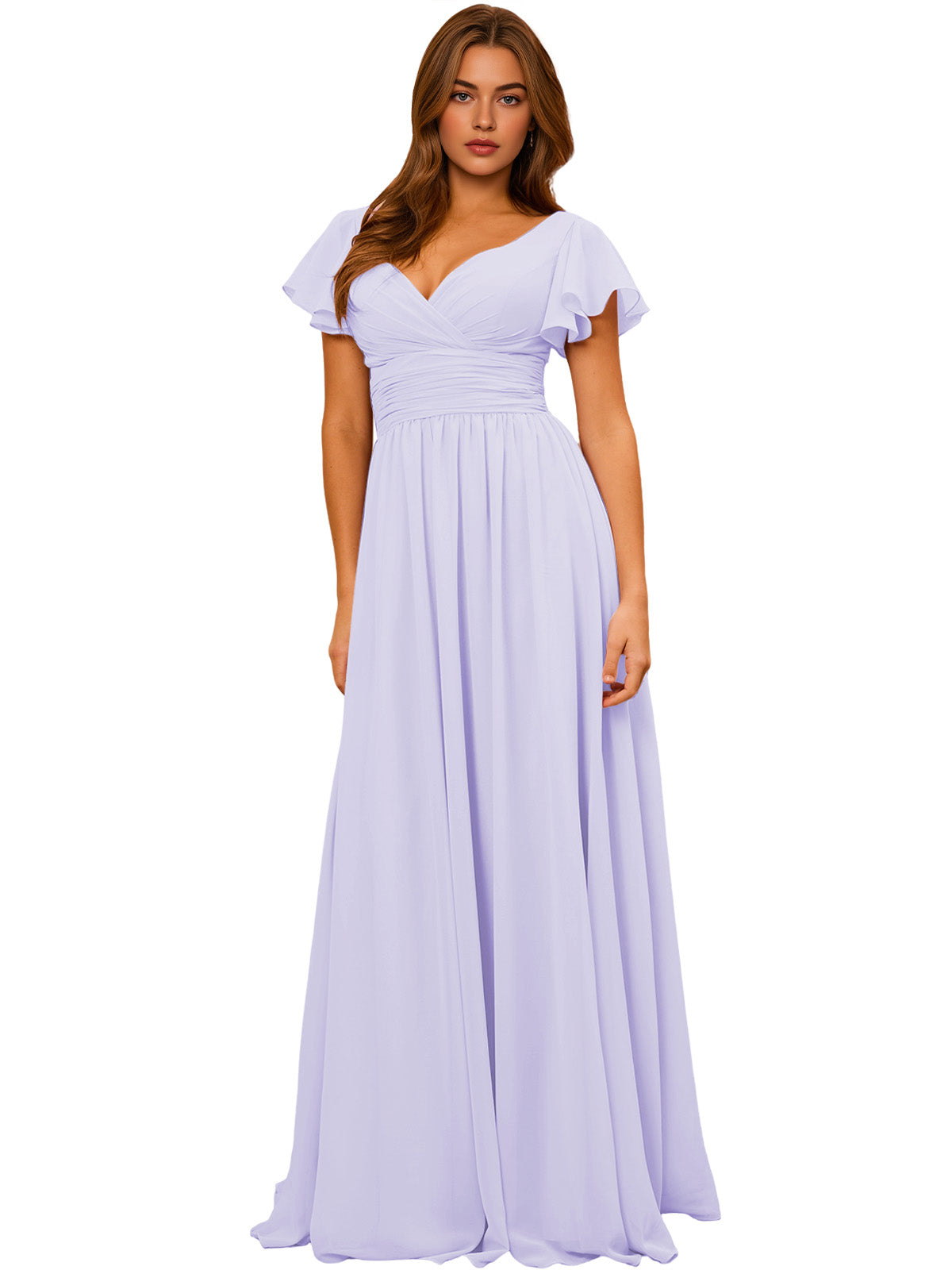 V-Neck Flutter Sleeve Chiffon Bridesmaid Dress with Empire Waist