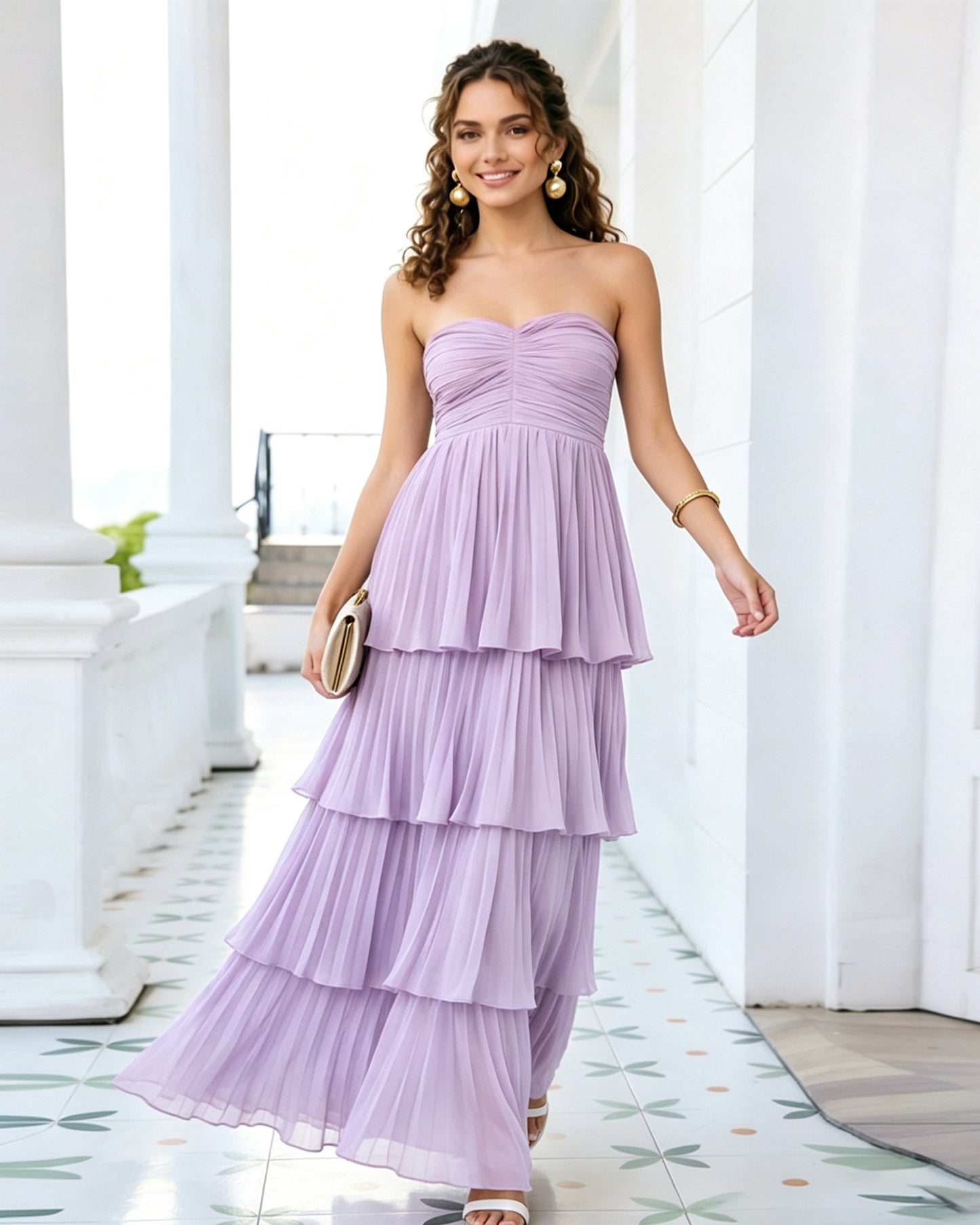 Strapless Tiered Pleated Formal Dress with Ruffle dress