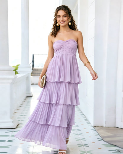 Strapless Tiered Pleated Formal Dress with Ruffle dress