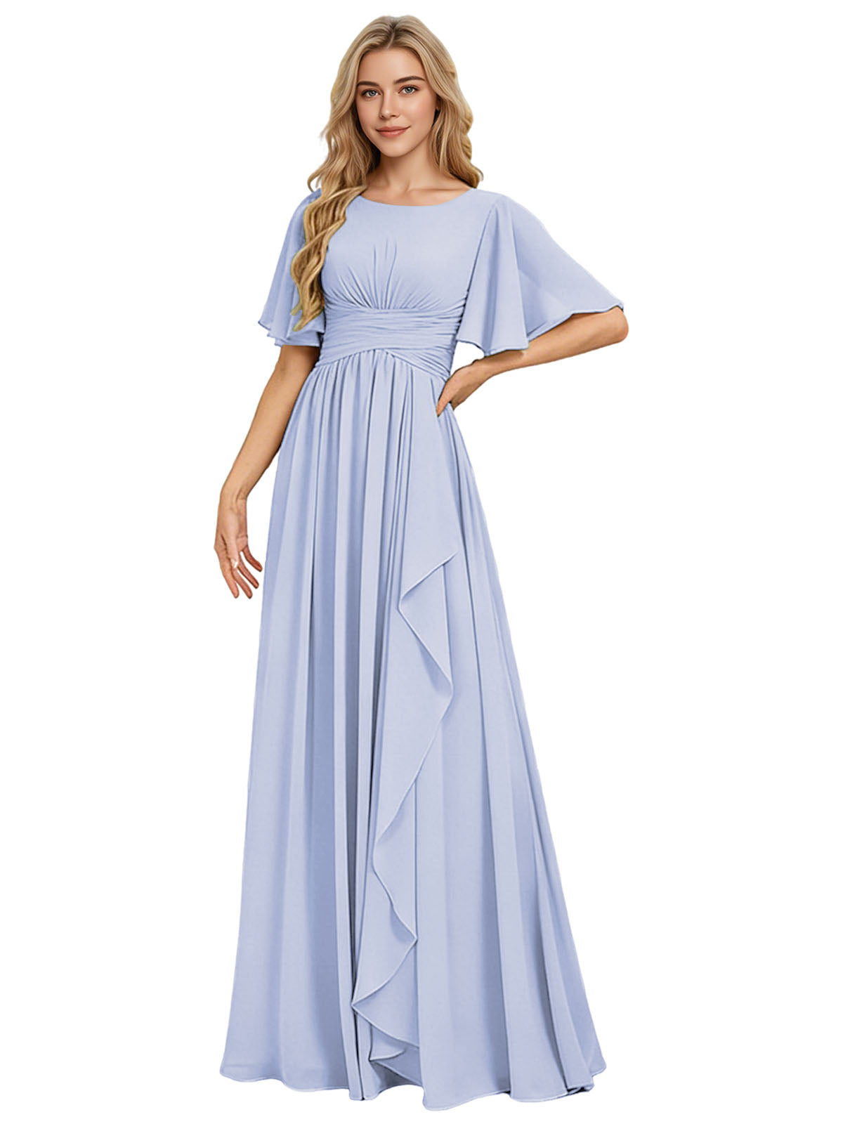 Flutter Sleeve Chiffon Bridesmaid Dress with Tiered Front Ruffle