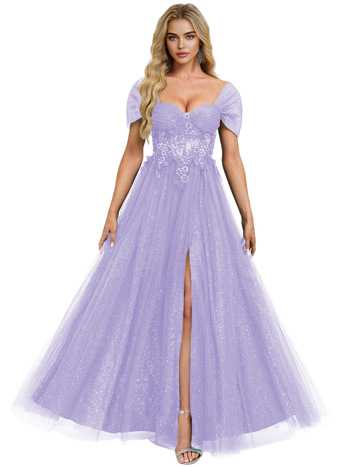 Short Sleeve Glitter Tulle Prom Dress with Illusion Bodice and Slit