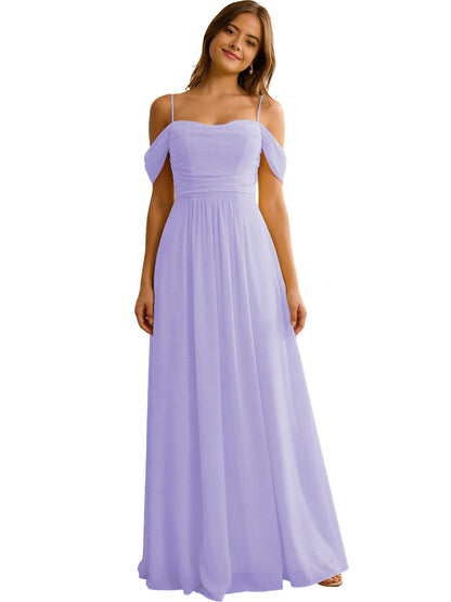 Off Shoulder Chiffon Bridesmaid Dress with Soft Pleated Bodice