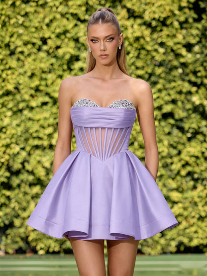 Strapless Crystal Corset Satin A-Line Homecoming Dress