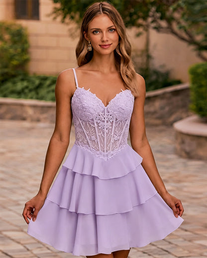Spaghetti Strap Lace Corset Tiered A-Line Homecoming Dress