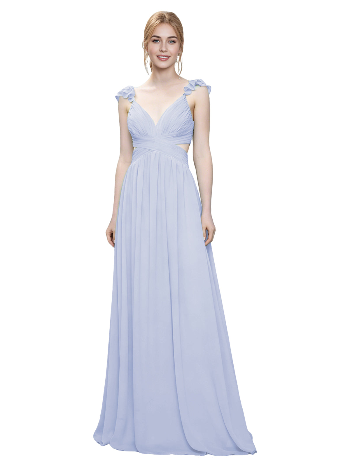 Ruffle Strap V-Neck Tulle Bridesmaid Dress with Pleated Waist