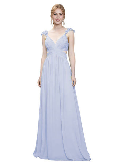 Ruffle Strap V-Neck Tulle Bridesmaid Dress with Pleated Waist