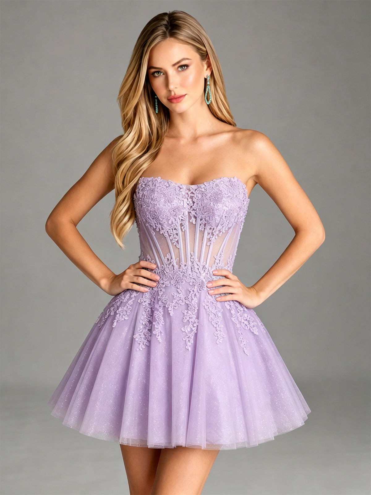 Strapless Lace Applique Glitter Tulle Homecoming Dress