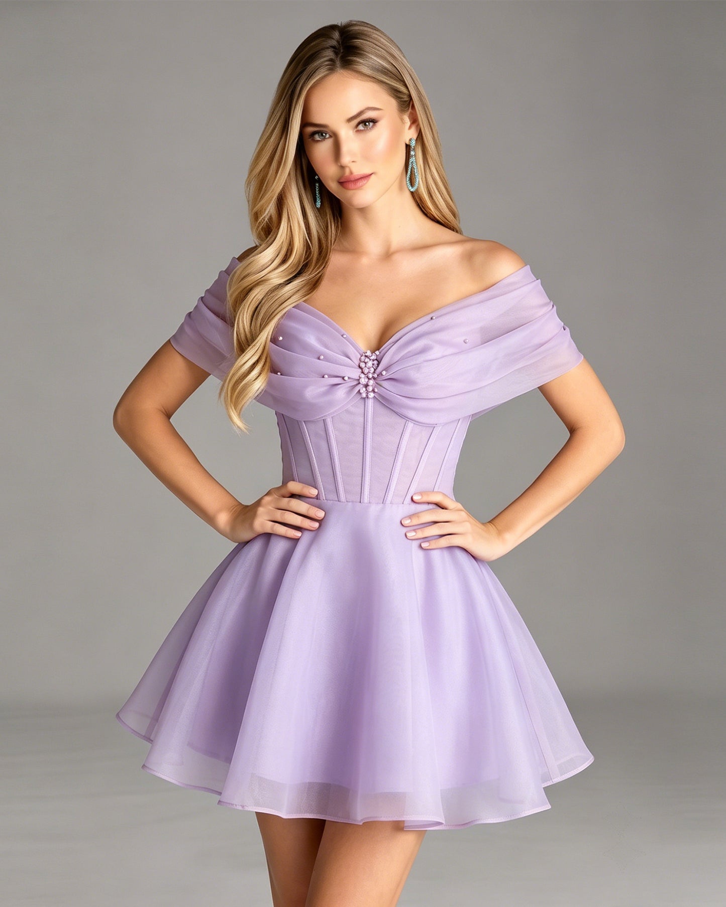Off Shoulder Pearl Draped Corset Organza Homecoming Dress