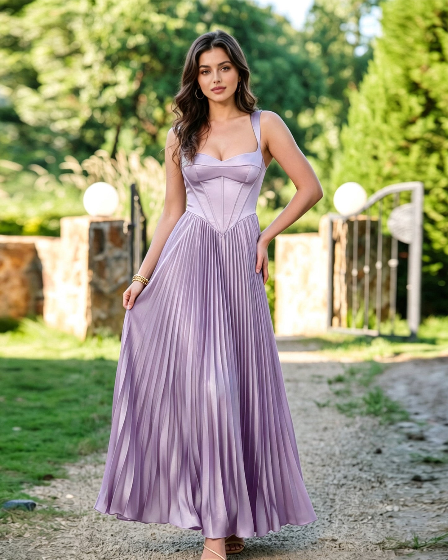 Square Neck Corset Pleated Formal Dress with Midi dress