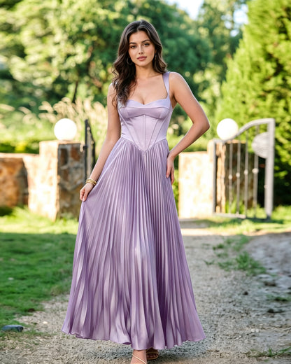 Square Neck Corset Pleated Formal Dress with Midi dress