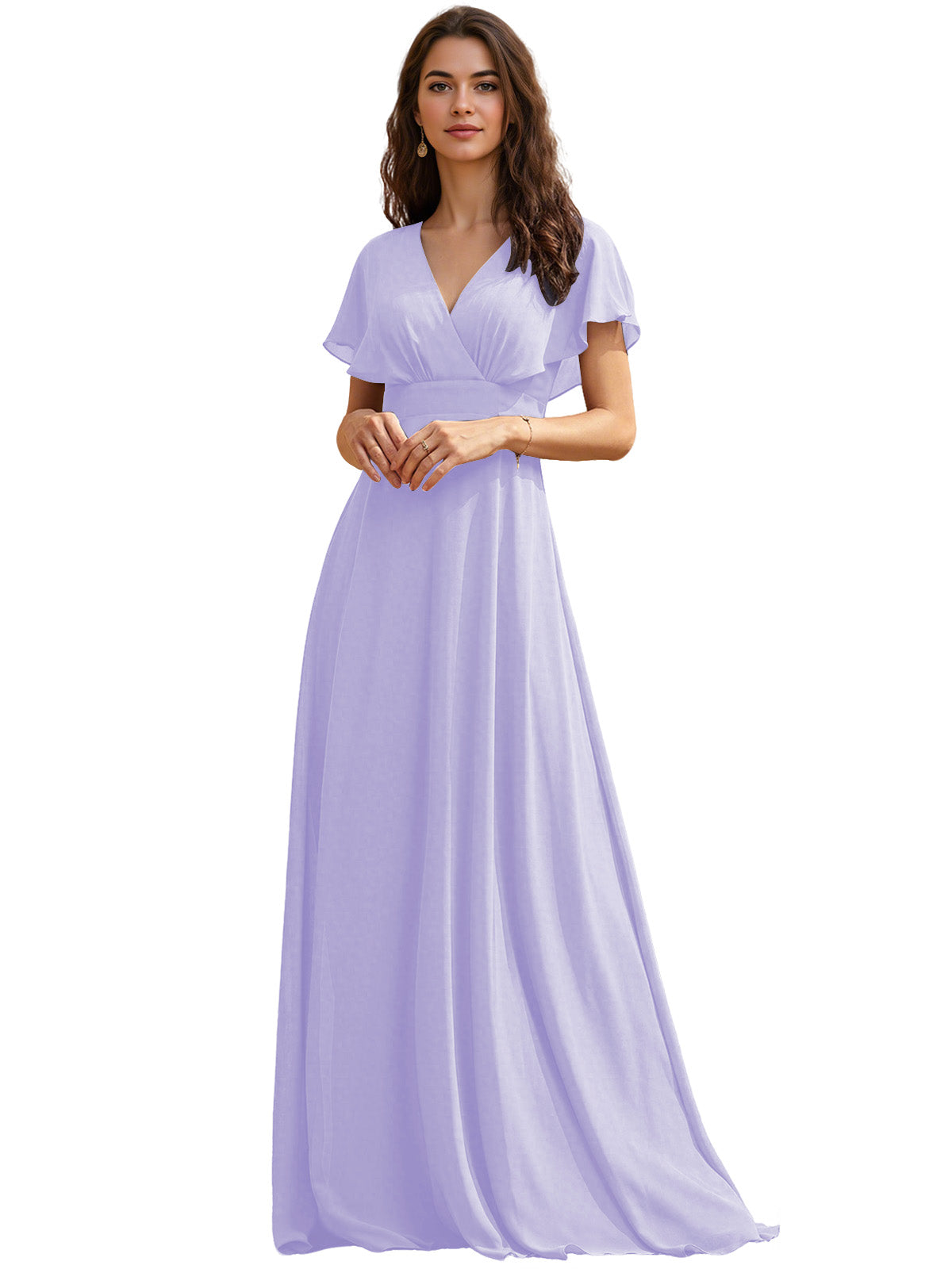 Flutter Sleeve V-Neck Chiffon Bridesmaid Dress with Flowing dress