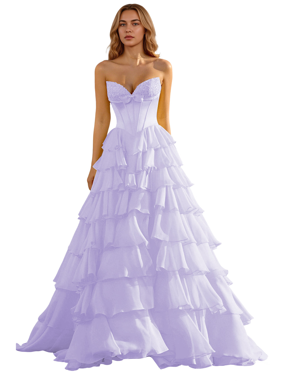 Strapless Tiered Organza Ball Gown Prom Dress with Corset Top